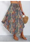 Kadın Beli Lastikli Bağcıklı Asimetrik Kesim Detaylı Desenli Bürümcük Etek