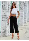 Kadın Beli Lastikli Düğme Ve Cep Detaylı Kapri Ithal Keten Pantolon