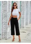 Kadın Beli Lastikli Düğme Ve Cep Detaylı Kapri Ithal Keten Pantolon