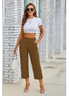 Kadın Beli Lastikli Düğme Ve Cep Detaylı Kapri Ithal Keten Pantolon