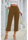 Kadın Beli Lastikli Düğme Ve Cep Detaylı Kapri Ithal Keten Pantolon