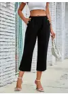 Kadın Beli Lastikli Düğme Ve Cep Detaylı Kapri Ithal Keten Pantolon