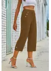Kadın Beli Lastikli Düğme Ve Cep Detaylı Kapri Ithal Keten Pantolon