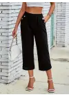 Kadın Beli Lastikli Düğme Ve Cep Detaylı Kapri Ithal Keten Pantolon
