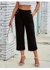 Kadın Beli Lastikli Düğme Ve Cep Detaylı Kapri Ithal Keten Pantolon