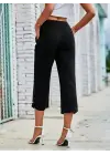 Kadın Beli Lastikli Düğme Ve Cep Detaylı Kapri Ithal Keten Pantolon