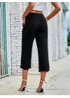 Kadın Beli Lastikli Düğme Ve Cep Detaylı Kapri Ithal Keten Pantolon