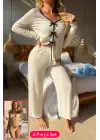 Kadın Beyaz Fiyonklu İç Çamaşırı ve Uzun Kollu V Yaka Pijama Takımı 4lü Set