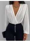 Kadın Beyaz Kruvaze Yaka Sandy Bluz