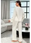 Kadın Beyaz Önden Bağlamalı Kolu ve Paçası Fırfır Detaylı Uzun Kollu Pijama Takımı