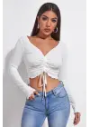 Omarı Beyaz Kadın Uzun Kollu Crop Top Bluz