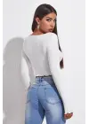 Omarı Beyaz Kadın Uzun Kollu Crop Top Bluz
