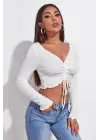 Omarı Beyaz Kadın Uzun Kollu Crop Top Bluz