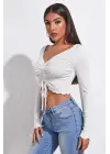 Omarı Beyaz Kadın Uzun Kollu Crop Top Bluz