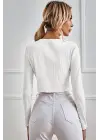 Omarı Beyaz Uzun Kollu Bağlama Detaylı Crop Top Bluz