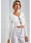Omarı Beyaz Uzun Kollu Bağlama Detaylı Crop Top Bluz