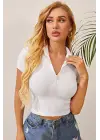 Omarı Beyaz Yarım Fermuarlı Crop Top Bluz