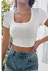 Omarı Yarım Kol Düz Yaka Crop Top Bluz