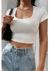 Omarı Yarım Kol Düz Yaka Crop Top Bluz