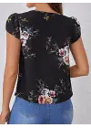 Omarı Şık Çiçek Desenli Kadın Kısa Kollu Bluz