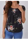 Omarı Şık Çiçek Desenli Kadın Kısa Kollu Bluz