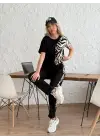 Kadın Bisiklet Yaka Kısa Kol Leopar Desen Bluz Ve Pantolon Ikili Takım