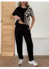 Kadın Bisiklet Yaka Kısa Kol Leopar Desen Bluz Ve Pantolon Ikili Takım