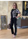 Kadın Bisiklet Yaka Kısa Kol Leopar Desen Bluz Ve Pantolon Ikili Takım
