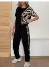 Kadın Bisiklet Yaka Kısa Kol Leopar Desen Bluz Ve Pantolon Ikili Takım