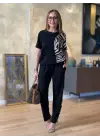 Kadın Bisiklet Yaka Kısa Kol Leopar Desen Bluz Ve Pantolon Ikili Takım