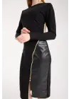 Kadın Bisiklet Yaka Uzun Kollu Deri Ve Fermuar Detay Mini Yırtmaçlı Elbise