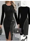 Kadın Bisiklet Yaka Uzun Kollu Deri Ve Fermuar Detay Mini Yırtmaçlı Elbise