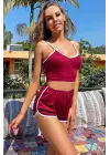 Omarı Bordo Askılı Crop Top ve Şortlu Gecelik Seti