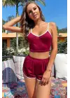 Omarı Bordo Askılı Crop Top ve Şortlu Gecelik Seti