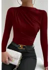 Kadın Bordo Belden ve Boyundan Büzgü Detaylı Uzun Kollu Bluz