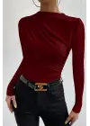 Kadın Bordo Belden ve Boyundan Büzgü Detaylı Uzun Kollu Bluz
