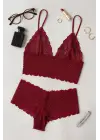 Kadın Bordo Dantel Bralet Şort Takımı – Asil ve Sofistike İç Giyim