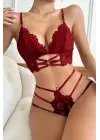 Kadın Bordo Dantel Cut-Out Detaylı Şık Sütyen ve Külot Takımı
