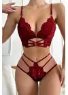 Kadın Bordo Dantel Cut-Out Detaylı Şık Sütyen ve Külot Takımı