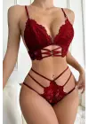 Kadın Bordo Dantel Cut-Out Detaylı Şık Sütyen ve Külot Takımı