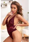 Omarı İp Detaylı Kadın Bordo Dantel Babydoll