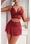 Omarı Tül Detaylı Kadın Bordo Şık Gecelik Takımı