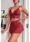 Omarı Tül Detaylı Kadın Bordo Şık Gecelik Takımı