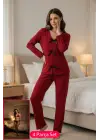 Kadın Bordo Fiyonklu İç Çamaşırı ve Uzun Kollu V Yaka Pijama Takımı 4lü Set