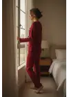 Kadın Bordo Fiyonklu İç Çamaşırı ve Uzun Kollu V Yaka Pijama Takımı 4lü Set