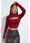 Omarı Bordo Göğüs Dekolteli Crop Top Bluz