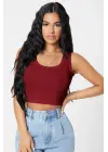 Omarı Bordo Kare Yaka Crop Top Bluz