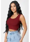Omarı Bordo Kare Yaka Crop Top Bluz