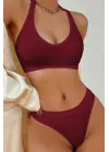 Omarı Süper Şık Bordo Seamless Tanga Sütyen Seti