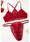 Omarı Dantel ve İp Detaylı Kadın Bordo Sütyen Külot Takımı